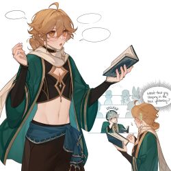 2boys absurdres aether_(genshin_impact) alhaitham_(genshin_impact) androgynous blonde_hair book classroom crop_top earrings english_text genshin_impact glasses highres holding holding_book implied_yaoi jewelry multiple_boys multiple_others speech_bubble suspicious_dish teacher_and_student trap