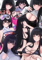 1girl alternate_costume ass black_hair black_nails black_pantyhose blue_archive blush bra breasts bright_pupils cleavage clothes_lift cosplay eimi_(blue_archive) eimi_(blue_archive)_(cosplay) eimi_(swimsuit)_(blue_archive) goggles goggles_on_head grin hair_ornament hairclip halo highres large_breasts long_hair looking_at_viewer multiple_views nail_polish open_mouth pantyhose red_eyes rio_(blue_archive) rosumini scarf simple_background smile sweater sweater_lift turtleneck underboob underwear very_long_hair white_background white_pupils white_sweater