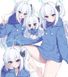 1girl aqua_halo barefoot blue_archive blue_halo blue_hoodie blush closed_mouth halo highres hood hood_down hoodie long_hair long_sleeves metaljelly miyako_(blue_archive) miyako_(young)_(blue_archive) multiple_views official_alternate_costume open_mouth purple_eyes side_ponytail simple_background white_background white_hair