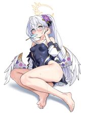 1girl alternate_costume alternate_hairstyle angel angel_wings azusa_(blue_archive) bare_legs bare_shoulders blue_archive blush breasts crescent_halo feathered_wings feathers feet flower food hair_flower hair_ornament halo highres ice_cream long_hair looking_at_viewer low_wings mouth_hold one-piece_swimsuit purple_eyes purple_flower rong_hui school_swimsuit sitting small_breasts solo sweat sweatdrop swimsuit trinity_general_school_swimsuit wet white_hair white_wings wing_ornament wings