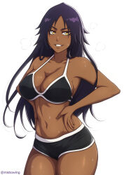 1girl artist_name bare_shoulders bleach breasts collarbone female_focus hair_down hand_on_own_waist highres large_breasts long_hair mistowing purple_hair shihouin_yoruichi shiny_skin short_shorts shorts simple_background sports_bra steam sweat white_background yellow_eyes