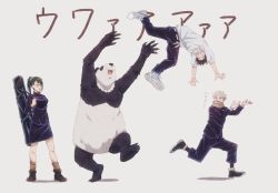 1girl 2boys animal black_hair black_pants black_shirt furry glasses green_hair hair_between_eyes hair_over_one_eye highres inumaki_toge jujutsu_kaisen multiple_boys okkotsu_yuuta over_shoulder panda panda_(jujutsu_kaisen) pants ponytail round_eyewear scarf shirt short_hair silver_hair skirt spiked_hair weapon weapon_case weapon_on_back weapon_over_shoulder white_shirt zen&#039;in_maki