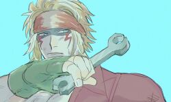 1boy alex_(street_fighter) arm_up blonde_hair blue_eyes closed_mouth collared_jacket facial_mark fingerless_gloves gloves green_gloves headband highres holding holding_wrench jacket looking_to_the_side luci_omi_gusu male_focus red_headband red_jacket sideways_glance solo street_fighter sweat upper_body wing_collar wrench