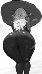 1girl aelion_draws anus aroused ass ass_focus bare_shoulders black_skin breasts colored_skin dark-skinned_female dark_skin dress elden_ring elden_ring_nightreign from_behind greyscale hat heavy_breathing highres huge_ass large_breasts large_hat long_hair monochrome presenting presenting_anus presenting_ass pussy recluse_(elden_ring) simple_background solo steam steaming_body sweat thighs very_dark_skin white_hair witch witch_hat