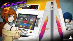 2025 3girls arcade arcade_cabinet bahn black_hair blue_eyes blue_hair blush brown_hair clenched_hand clothing_cutout english_text fighting_vipers grace_(fighting_vipers) highres honey_(fighting_vipers) jacket logo looking_at_viewer looking_back multiple_girls nazz-a original picky_(fighting_vipers) pink_eyes ponytail raxel_(fighting_vipers) sanman_(fighting_vipers) sega short_hair sweat sweater tokio_(fighting_vipers) v video_game