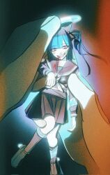 1girl amemiya_darumi black_bow black_skirt blood blood_from_mouth blood_on_clothes blood_on_face blue_hair bow face_piercing female_focus gradient_background grin hair_bow heart lip_piercing long_hair looking_at_viewer makeup piercing pink_eyes pleated_skirt pov pov_hands simple_background size_difference skirt smile teeth the_hundred_line_-last_defense_academy- twintails