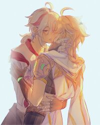 2boys aeferjam aether_(genshin_impact) ahoge armor back bandaged_hand bandages belt black_gloves black_pants black_shirt blonde_hair blush braid brown_belt closed_eyes commentary cw9sq earrings english_commentary fingerless_gloves genshin_impact gloves grey_hair hair_between_eyes half-closed_eyes hand_around_waist hand_on_another&#039;s_face hand_up highres imminent_kiss japanese_clothes jewelry kaedehara_kazuha long_hair looking_at_another low_ponytail male_focus midriff multicolored_hair multiple_boys pants ponytail red_eyes red_hair scarf shirt short_hair short_ponytail short_sleeves shoulder_armor sidelocks simple_background single_earring standing streaked_hair teeth white_background white_scarf white_shirt yaoi