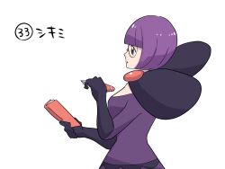 1girl black_gloves blunt_bangs bob_cut book bow breasts character_name creatures_(company) elbow_gloves fire from_side game_freak glasses gloves holding holding_book holding_pen large_bow low-cut nintendo okiza_yuuri open_mouth pen pokemon pokemon_bw purple_fire purple_hair purple_skirt rimless_eyewear round_eyewear shauntal_(pokemon) short_hair skirt solo translation_request upper_body white_background