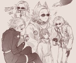 1girl 2boys absurdres animal_ears aotsuki_eito black_gloves blind blush bomb book cat_ears closed_mouth collar collarbone english_text explosive glasses gloves greyscale highres holding holding_bomb holding_book long_hair long_sleeves male_focus monochrome multiple_boys multiple_views open_mouth sumino_takumi sunglasses the_hundred_line_-last_defense_academy- yaoi