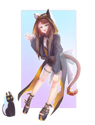 1girl :d absurdres animal_ear_hood aoarashi_ran arknights black_jacket black_shorts blue_eyes brown_hair brown_tail cat cat_tail chinese_commentary commentary_request ears_under_headwear fake_animal_ears fang flower full_body hand_up head_chain highres hood hood_up hooded_jacket infection_monitor_(arknights) jacket jewelry long_hair long_sleeves looking_at_viewer open_mouth pepe_(arknights) platform_sandals sandals shorts skin_fang smile solo tail tail_ornament tail_ring white_flower