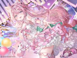 1girl animal_ears antenna_hair bare_shoulders bow breasts cleavage detached_sleeves dress fang finger_heart frilled_dress frills hair_bow hair_ornament hakui_koyori hololive momoko_(momopoco) official_art open_mouth pink_bow pink_dress pink_hair reaching reaching_towards_viewer scrunchie short_sleeves smile standing standing_on_one_leg tail thighhighs two-tone_dress virtual_youtuber white_dress white_thighhighs wolf_ears wolf_girl wolf_tail wrist_scrunchie x_hair_ornament zettai_ryouiki
