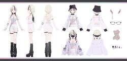1girl absurdres black_choker black_hair black_hat black_mask black_socks blonde_hair blush boots choker closed_mouth commentary_request fishnet_thighhighs fishnets green_eyes hat highres kurumi_noah kurumi_noah_(7th_costume) loose_socks magako mask mouth_mask multicolored_hair multiple_views platform_boots reference_sheet second-party_source single_thighhigh skirt socks strapless streaked_hair thigh_strap thighhighs tube_top two-tone_hair virtual_youtuber vspo! white_arm_warmers white_background white_skirt white_tube_top