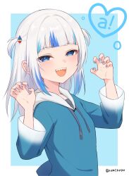 1girl animal_costume blue_background blue_hoodie blue_nails blunt_bangs border gawr_gura gawr_gura_(1st_costume) hair_ornament heart highres hololive hololive_english hood hoodie long_sleeves looking_at_viewer multicolored_hair nzmtarou open_mouth shark_costume shark_girl sharp_teeth smile solo streaked_hair teeth two_side_up virtual_youtuber white_border white_hair