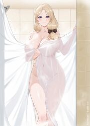 1girl black_bow blonde_hair bow breasts covering_privates curvy fire_emblem fire_emblem:_three_houses hair_bow kaos_art large_breasts long_hair looking_at_viewer mercedes_von_martritz navel nintendo nude_cover parted_lips purple_eyes sera_(kaos_art) shower_curtain solo thighs tile_wall tiles