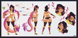 1girl alfyria black_hair black_thighhighs blue_nails blush body_markings brown_eyes closed_mouth color_guide dark-skinned_female dark_skin facial_mark feather_hair_ornament feathered_wings feathers forehead_mark gold_collar gradient_wings hair_ornament highres multicolored_hair multicolored_wings multiple_views navel open_mouth pelvic_curtain pink_hair pink_wings purple_wings quetzu_solscale reference_sheet second-party_source sharp_teeth signature snake_tail stirrup_legwear stomach streaked_hair tail teeth thighhighs toeless_legwear vallure white_wings wings