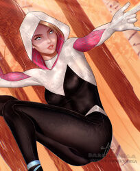 1girl artist_name blonde_hair blue_eyes bodysuit breasts commentary darkusomega earrings english_commentary forest gwen_stacy highres hood hooded_bodysuit jewelry looking_to_the_side marvel multicolored_bodysuit nature piercing signature silk single_earring small_breasts solo spider-gwen spider-man:_into_the_spider-verse spider-man_(series) spider-verse spider_web spider_web_print teeth