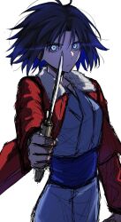 Rule 34 | 1girl, black hair, blue eyes, blue kimono, egomeshi, highres, holding, holding knife, jacket, japanese clothes, kara no kyoukai, kimono, knife, looking at viewer, red jacket, ryougi shiki, short hair, simple background, white background