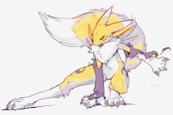 ancesra black_sclera blue_eyes body_fur colored_sclera digimon digimon_(creature) full_body highres kitsune renamon simple_background solo white_background yellow_fur