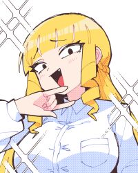 1girl absurdres blonde_hair blush breast_pocket breasts collared_shirt commentary_request drill_hair drill_sidelocks eyelashes fang highres kaneda_mochiko large_breasts long_hair long_sleeves mona_(monaka) mount_celeb_kaneda-san open_mouth pocket portrait shirt sidelocks simple_background smile smug solo sparkle w white_background white_shirt
