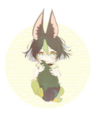1boy absurdres aged_down aiwo_o_lite animal_ear_fluff animal_ears aqua_eyes baby black_hair blush commentary english_commentary fox_boy fox_ears fox_tail full_body genshin_impact green_hair hair_between_eyes highres holding_tail looking_at_viewer male_focus multicolored_hair open_mouth short_sleeves signature simple_background solo tail tighnari_(genshin_impact)