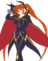 Rule 34 | 1girl, breasts, brown hair, cape, code geass, cosplay, female focus, long hair, lyrical nanoha, mahou shoujo lyrical nanoha, mahou shoujo lyrical nanoha strikers, nekomamire, parody, simple background, solo, takamachi nanoha, white devil, zero (code geass), zero (code geass) (cosplay)