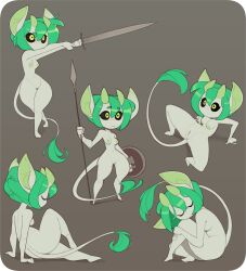 Rule 34 | 1girl, breasts, closed eyes, closed mouth, colored skin, commentary, completely nude, crab walk, english commentary, fur-tipped tail, green eyes, green hair, green horns, green skin, grey background, head on knee, highres, holding, holding polearm, holding shield, holding sword, holding weapon, horns, huffslove, hugging own legs, large ears, medium breasts, medium hair, monster girl, multiple views, navel, nude, original, outstretched arms, pointy ears, polearm, pussy, rounded corners, shield, simple background, sitting, spear, spread legs, standing, sword, tail, tail raised, thighs, weapon, wide-eyed