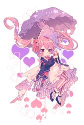 1girl black_coat black_shoes blush bonnet bow bowtie coat commentary dress floating_hair frilled_dress frilled_sleeves frills full_body heart high_heels highres holding holding_umbrella lace-trimmed_headwear lace_trim long_hair long_sleeves open_mouth original ozureiji pantyhose pink_eyes pink_hair red_bow red_bowtie red_pantyhose shoes sleeve_bow socks solo striped_clothes striped_pantyhose symbol-only_commentary tassel twintails two-tone_pantyhose umbrella vertical-striped_clothes vertical-striped_pantyhose white_dress white_pantyhose white_socks