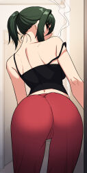 1girl ass beer_can black_camisole cameltoe camisole can commentary cowboy_shot drink_can from_behind green_eyes green_hair hair_between_eyes hair_intakes highres indoors looking_at_viewer looking_back original pants ponytail red_pants short_ponytail shoulder_blades smoking solo sungwon symbol-only_commentary