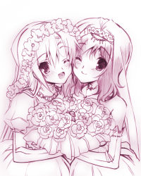Rule 34 | 2girls, ;), ;d, bouquet, dress, elbow gloves, flower, gloves, hayate no gotoku!, highres, itou shizuka, katsura hinagiku, long hair, monochrome, multiple girls, one eye closed, open mouth, saki (manga), senomoto hisashi, smile, takei hisa, tiara, veil, voice actor connection, wedding dress, wink
