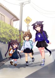 absurdres aged_down animal_ears blue_eyes breasts brown_hair casual cheval_grand_(umamusume) commentary_request full_body hair_ornament highres holding_hands horse_girl long_hair looking_at_viewer moko39_takasora purple_eyes purple_hair ribbon road school_uniform shoes small_breasts smile street twintails umamusume v_sisters verxina_(umamusume) vivlos_(umamusume)