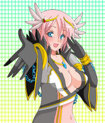 1girl black_gloves blue_eyes blush breasts chain circlet cleavage coat commentary_request crop_top gem gloves green_background grey_coat grid_background large_breasts looking_at_viewer monou0135 navel open_clothes open_coat open_mouth pink_hair ragnarok_online reaching reaching_towards_viewer red_gemstone shirt short_hair smile solo suspenders upper_body warlock_(ragnarok_online) white_shirt