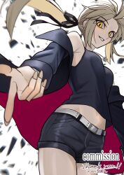 artoria_pendragon_(fate) belt black_jacket black_shirt black_shorts blonde_hair breasts commission fate/grand_order fate_(series) highres jacket looking_at_viewer open_clothes open_jacket ponytail saber_alter saber_alter_(ver._shinjuku_1999) shintyoi2 shirt shorts signature small_breasts yellow_eyes