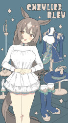 1girl :d animal_ears blue_boots blue_hat blue_jacket boots breasts brown_eyes brown_hair cavalier_hat commentary cowboy_shot french_text gloves green_background hair_between_eyes hat highres horse_ears horse_girl horse_tail jacket large_breasts long_hair long_sleeves looking_at_viewer official_alternate_costume open_mouth ranguage rapier satono_diamond_(chevalier_bleu)_(umamusume) satono_diamond_(umamusume) simple_background smile solo sword tail tattsan umamusume unworn_boots unworn_gloves unworn_headwear unworn_jacket weapon white_gloves wide_brim