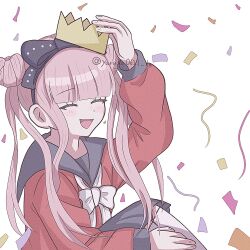 1girl arm_up black_bow black_hairband black_headband black_skirt bow closed_eyes confetti crown female_focus fingernails hair_bow hairband hand_up headband long_hair long_sleeves open_mouth pink_hair pleated_skirt red_shirt shirt simple_background skirt solo solo_focus the_hundred_line_-last_defense_academy- tsukumo_kako twintails white_background
