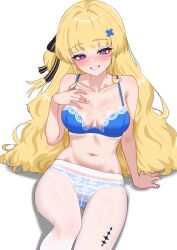 1girl absurdres arm_support bare_shoulders blonde_hair blue_bra blush bow bra breasts breasts_apart bright_pupils collarbone grin gusset hair_bow hair_ornament hand_on_own_chest highres knee_up lace lace-trimmed_bra lace_trim large_breasts long_hair looking_at_viewer navel nose_blush oldsickkim one_side_up pantyhose phoebe_(wuthering_waves) purple_eyes sitting smile solo stomach string_bra tacet_mark_(wuthering_waves) underwear underwear_only very_long_hair wavy_hair white_pantyhose wuthering_waves x_hair_ornament