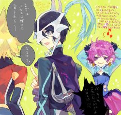 1girl 2boys :3 arms_behind_head bad_drawr_id bad_id black_hair blonde_hair drawr harold_berselius hidden_face index_finger_raised judas_(tales) kyle_dunamis mask messy_hair multiple_boys nishihara_isao oekaki pink_hair purple_eyes short_hair speech_bubble spiked_hair sword tales_of_(series) tales_of_destiny tales_of_destiny_2 talking translation_request very_short_hair weapon weapon_on_back