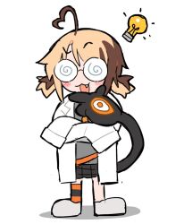 1girl :3 ahoge asymmetrical_legwear coke-bottle_glasses crossed_arms gigi_murin glasses hand_on_own_chin heart heart_ahoge highres hololive hololive_english lab_coat light_bulb multicolored_hair open_mouth sakanafune sleeves_past_fingers sleeves_past_wrists solo twintails two-tone_hair white_background