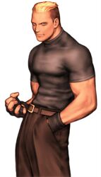 1boy belt black_hair blonde_hair capcom_vs_snk evil_smile fatal_fury fingerless_gloves game_cg gloves hand_in_pocket hand_up highres looking_at_viewer looking_to_the_side male_focus mori_toshiaki multicolored_hair muscular muscular_male non-web_source official_art short_hair simple_background smile solo teeth two-tone_hair white_background yamazaki_ryuuji