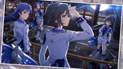 Rule 34 | 4girls, ahoge, arm up, ascot, belt, black ascot, black hair, blue eyes, blue hair, boots, bridge, brown eyes, cityscape, closed mouth, commentary request, floating hair, from behind, game cg, ganaha hibiki, hand on own hip, idolmaster, idolmaster (classic), idolmaster million live!, idolmaster million live! theater days, jacket, kikuchi makoto, kisaragi chihaya, knee boots, long hair, long sleeves, looking at viewer, looking back, miura azusa, multiple girls, night, official art, outdoors, ponytail, purple eyes, short hair, shorts, smile, standing, thigh strap, third-party source, white belt, white boots, white jacket, white shorts