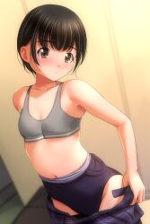1girl black_hair black_one-piece_swimsuit black_school_swimsuit blue_skirt blush bra breasts brown_eyes cleavage clothes_pull collarbone grey_bra highres looking_at_viewer matsunaga_kouyou navel one-piece_swimsuit one-piece_swimsuit_pull open_mouth original plaid_clothes plaid_skirt school_swimsuit short_hair skirt skirt_pull small_breasts standing swimsuit underwear undressing