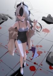 1girl absurdres black_dress black_hair black_horns black_nails blood blood_splatter blue_archive breasts brown_jacket cleavage closed_mouth commentary demon_horns denare_(ysry2252) dress ear_piercing frown hair_between_eyes halo hand_on_own_hip hand_up high_heels highres horns jacket kayoko_(blue_archive) kayoko_(dress)_(blue_archive) long_hair looking_at_viewer medium_breasts off_shoulder official_alternate_costume official_alternate_hairstyle one_eye_closed piercing purple_wings red_eyes shadow single_wing solo walking wings