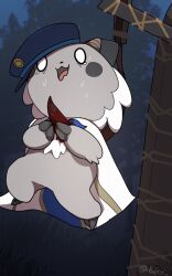 0_0 1boy :3 animal_ears animal_feet animal_hands artist_name blood blue_background blue_hat blush_stickers body_fur boke-chan brown_horns cape claws crane_(machine) dying furry furry_male grass grey_fur hands_up hat highres hook horns impaled injury japan_railways male_focus nagamo_(nagano_station) night open_mouth outdoors own_hands_together peaked_cap signature solo sweat tears tilted_headwear tree twitter_username two-tone_fur wavy_mouth white_cape white_eyes white_fur