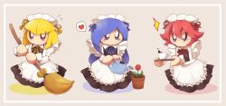 3girls ^^^ absurdres alternate_costume alternate_skin_color angry apron beige_background black_dress blonde_hair blue_eyes blue_hair blue_ribbon blunt_bangs blush border broom buttons coffee coffee_mug colored_shadow cup disembodied_hand disembodied_hand dress enmaided eyes_visible_through_hair facial_mark female_focus flamberge_(kirby) flower flower_pot flying_sweatdrops francisca_(kirby) frilled_apron frilled_dress frills hair_between_eyes heart heart_(symbol) highres hime_cut holding holding_broom holding_tray holding_watering_can kirby_star_allies kirby_(series) leaf leaves long_hair looking_at_viewer maid maid_headdress mug multiple_girls nintendo no_humans no_mouth red_hair red_ribbon ribbon rose shadow short_hair simple_background spilling spoken_heart subaru331 sweat sweatdrop sweeping tray water watering watering_can white_apron white_border wrist_cuffs yellow_ribbon zan_partizanne