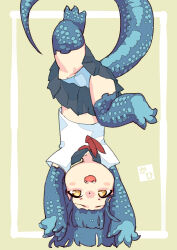 blue_hair blue_scales blush border claws commentary_request fang flat_chest full_body green_background highres lizard_tail loli looking_at_viewer mabo9317 midriff monster_girl neckerchief open_mouth original panties pantyshot red_neckerchief reptile_girl scales shirt short_hair short_sleeves signature skirt smile straight-on tail teeth underwear upper_teeth_only upside-down white_border white_panties white_shirt yellow_eyes