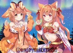 2girls animal_ear_fluff animal_ears aurora bell blush bow breasts claw_pose closed_mouth commentary_request commission enjoy_mix indie_virtual_youtuber jacket jingle_bell kamiko_rinona long_sleeves miuna_usako multiple_girls open_clothes open_jacket orange_bow orange_hair orange_jacket pixellink rabbit_ears red_eyes single_wide_sleeve skeb_commission sleeves_past_wrists smile tongue twitter_username wolf_ears yellow_eyes