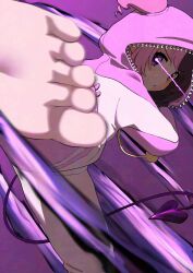 1girl amaki_pururu barefoot black_hair closed_mouth cosplay demon_tail han_juri han_juri_(cosplay) happyundergate heterochromia highres hood hoodie kicking looking_at_viewer multicolored_hair pink_eyes pink_hair purple_eyes reject_(esports) solo split-color_hair street_fighter tail two-tone_hair virtual_youtuber