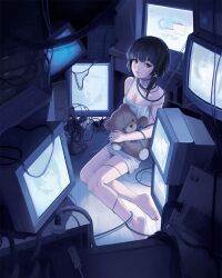 1girl barefoot breasts brown_hair cleavage commentary computer_keyboard crt dress electric_fan full_body hair_ornament hairclip holding holding_stuffed_toy indoors iwakura_lain painterly petite serial_experiments_lain short_hair single_sidelock sitting small_breasts solo stuffed_animal stuffed_toy symbol-only_commentary teddy_bear television vampire_valentine white_dress