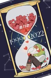 1999 1boy 2022 absurdres animification birthday black_gloves black_pants boots brown_boots character_doll chinese_commentary closed_eyes commentary_request constellation doll dream_(youtuber) dream_(youtuber)_(blob) english_text full_body gloves green_hoodie heart highres hood hood_up hoodie hourglass hugging_doll hugging_object in_hourglass leo_(constellation) light_brown_hair long_sleeves male_focus mask minecraft_youtube mini_person miniboy pants shijiushigechaojidalaji short_hair sitting smiley_face solo stuffed_toy unworn_mask watermark white_mask