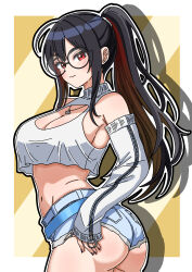 1girl alternate_costume artist_request ass bare_shoulders black_hair blush breasts denim denim_shorts detached_sleeves from_side glasses goddess_of_victory:_nikke large_breasts long_hair looking_at_viewer moran_(nikke) moran_(off-duty_queen)_(nikke) multicolored_hair official_alternate_costume ponytail red_eyes red_hair short_shorts shorts smile solo very_long_hair