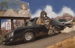 2girls absurdres bag banana_peel bikini billboard black_hair blonde_hair blue_eyes blue_sky brown_bag brown_hair car commentary day dirt dropping dust_cloud english_commentary english_text eyewear_on_head gold_can hair_between_eyes highres holding holding_bag leaning_out_of_window long_hair looking_at_another motor_vehicle mountainous_horizon multiple_girls original outdoors palm_tree poke_ball road road_sign sign sky sunglasses sweatdrop swimsuit tree vehicle_chase warning_sign white_bikini